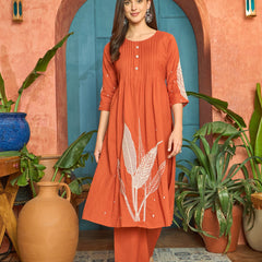 Stylum Women's Orange Solid & Embroidered Cotton A-Line Kurta Pant Set (KPORANGEBOOM)
