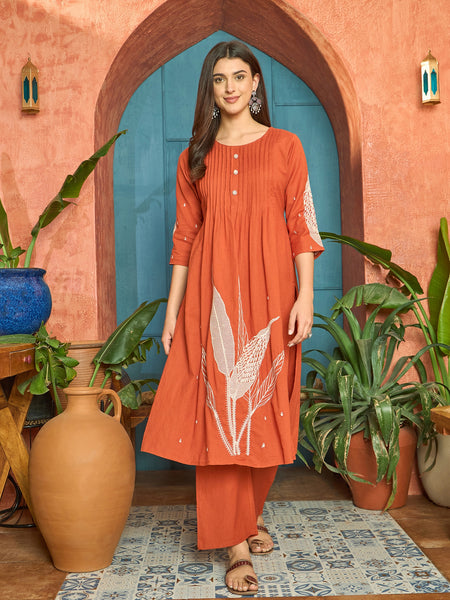 Stylum Women's Orange Solid & Embroidered Cotton A-Line Kurta Pant Set (KPORANGEBOOM)