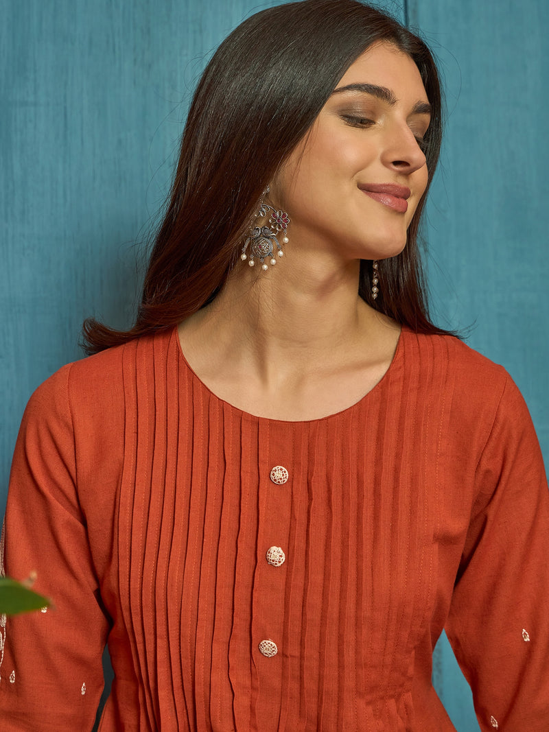 Stylum Women's Orange Solid & Embroidered Cotton A-Line Kurta Pant Set (KPORANGEBOOM)