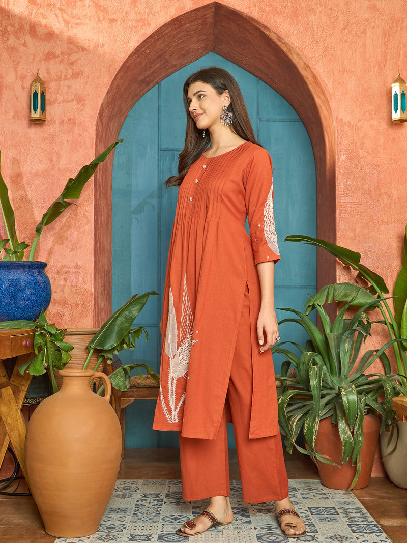 Stylum Women's Orange Solid & Embroidered Cotton A-Line Kurta Pant Set (KPORANGEBOOM)