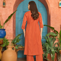 Stylum Women's Orange Solid & Embroidered Cotton A-Line Kurta Pant Set (KPORANGEBOOM)