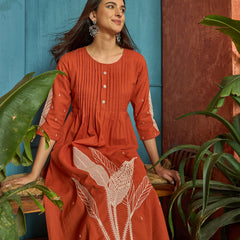 Stylum Women's Orange Solid & Embroidered Cotton A-Line Kurta Pant Set (KPORANGEBOOM)