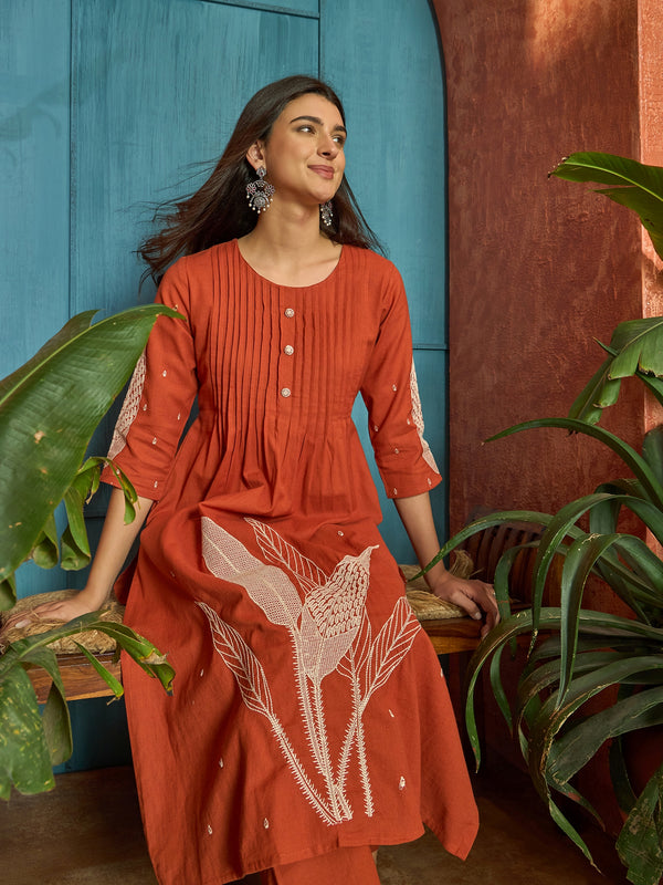 Stylum Women's Orange Solid & Embroidered Cotton A-Line Kurta Pant Set (KPORANGEBOOM)