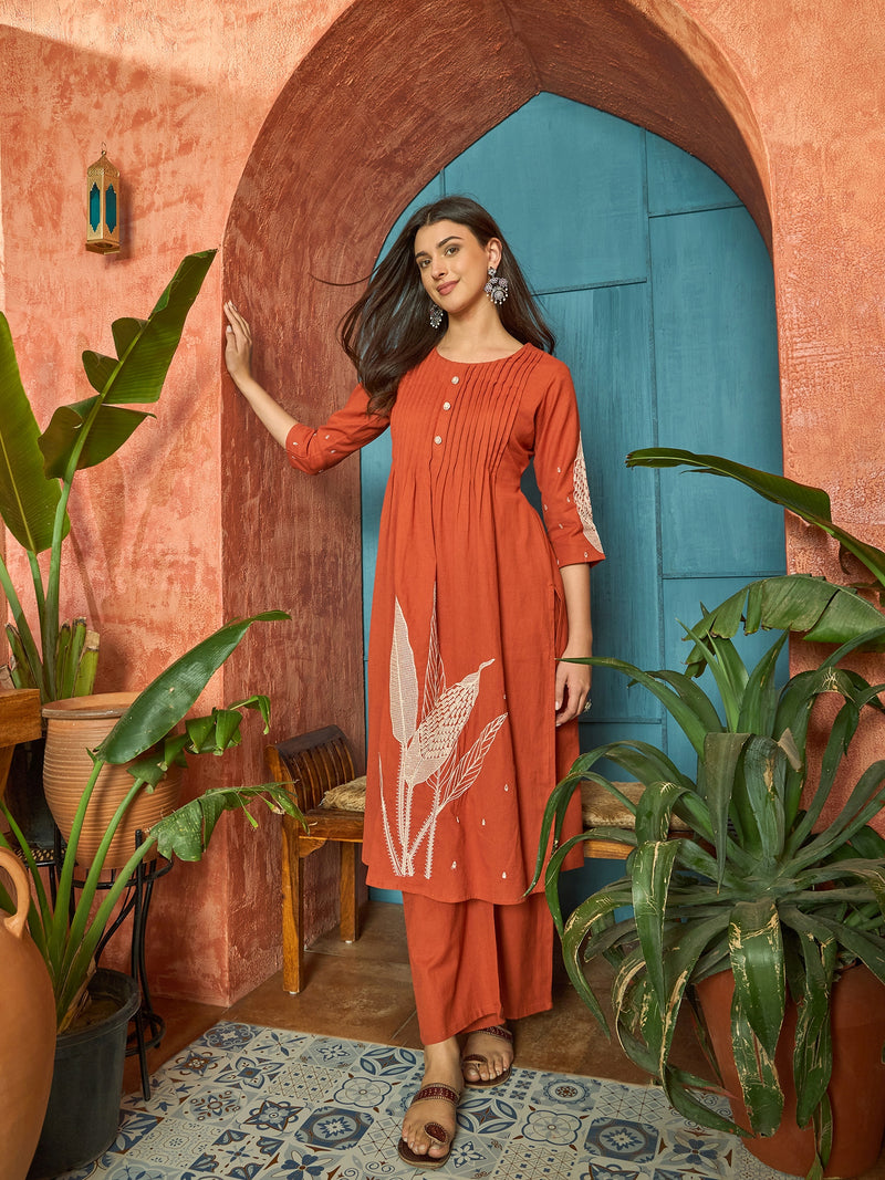 Stylum Women's Orange Solid & Embroidered Cotton A-Line Kurta Pant Set (KPORANGEBOOM)