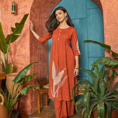 Stylum Women's Orange Solid & Embroidered Cotton A-Line Kurta Pant Set (KPORANGEBOOM)