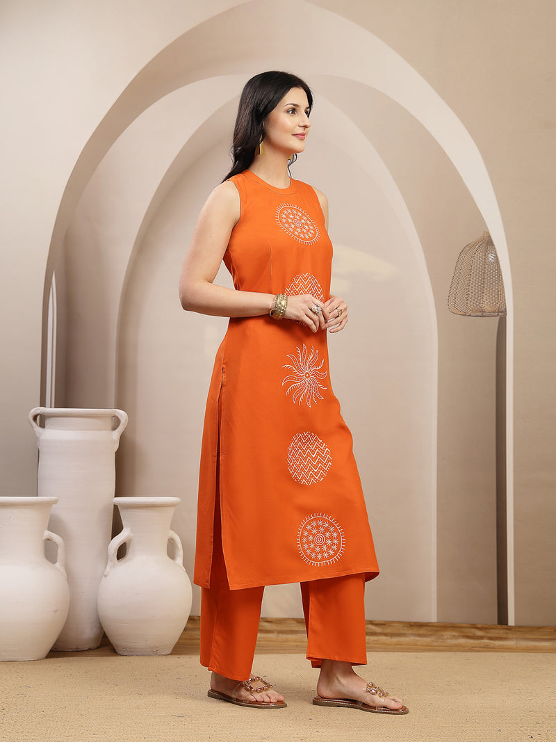 Stylum Women's Orange Solid & Embroidered Rayon Straight Kurta Pant Set (KPORANGEKUFRI)