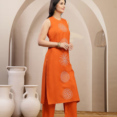 Stylum Women's Orange Solid & Embroidered Rayon Straight Kurta Pant Set (KPORANGEKUFRI)