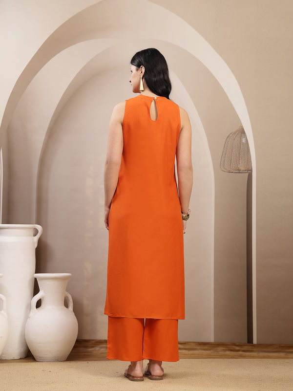 Stylum Women's Orange Solid & Embroidered Rayon Straight Kurta Pant Set (KPORANGEKUFRI)