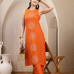 Stylum Women's Orange Solid & Embroidered Rayon Straight Kurta Pant Set (KPORANGEKUFRI)