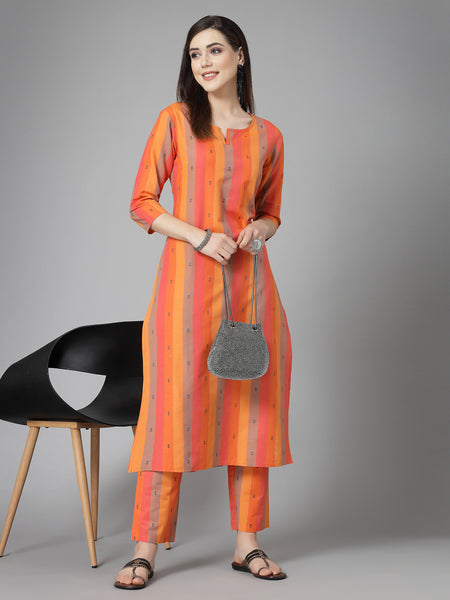 Stylum Women's Woven Design Cotton Blend Straight Kurta Pant Set (KPORANGEOREO)