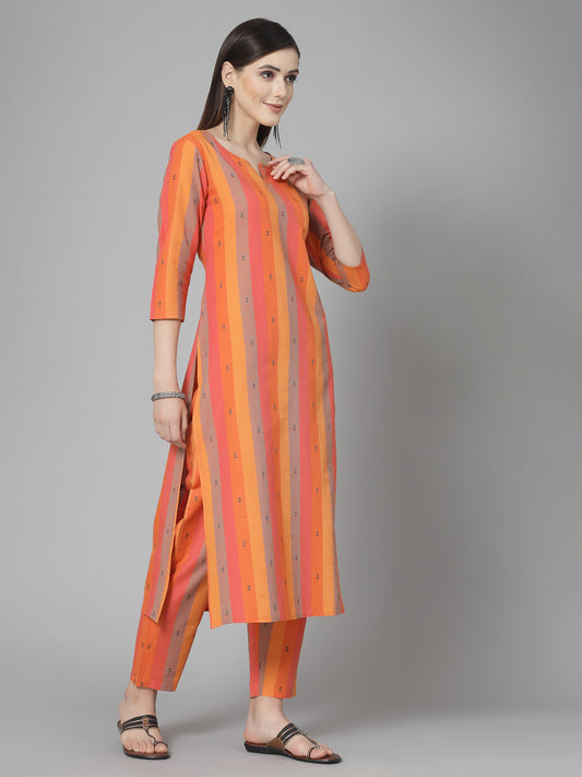 Stylum Women's Woven Design Cotton Blend Straight Kurta Pant Set (KPORANGEOREO)