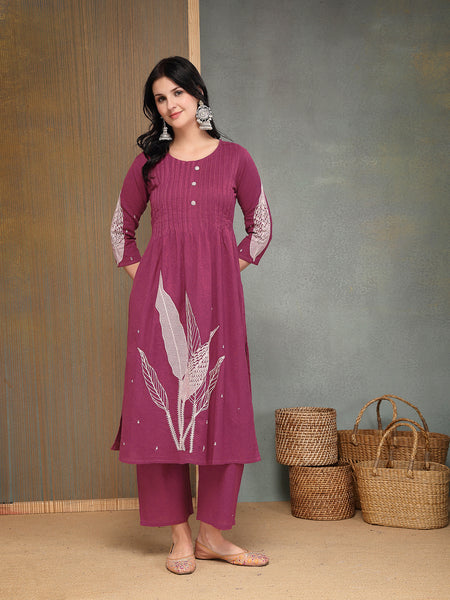 Stylum Women's Pink Solid & Embroidered Cotton A-Line Kurta Pant Set (KPPINKBOOM)