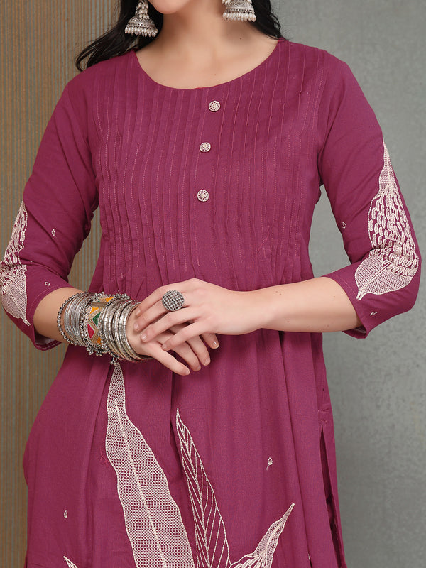 Stylum Women's Pink Solid & Embroidered Cotton A-Line Kurta Pant Set (KPPINKBOOM)