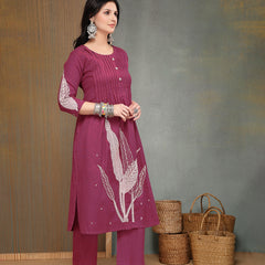 Stylum Women's Pink Solid & Embroidered Cotton A-Line Kurta Pant Set (KPPINKBOOM)