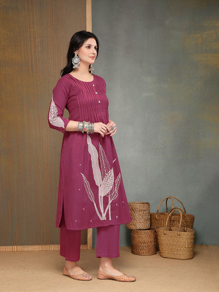 Stylum Women's Pink Solid & Embroidered Cotton A-Line Kurta Pant Set (KPPINKBOOM)