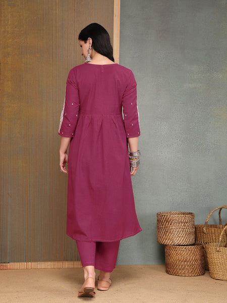 Stylum Women's Pink Solid & Embroidered Cotton A-Line Kurta Pant Set (KPPINKBOOM)