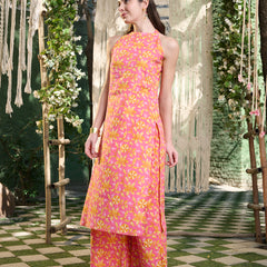 Stylum Women's Pink Floral Printed Cotton Straight Kurta Palazzo Set (KPPINKBRU)