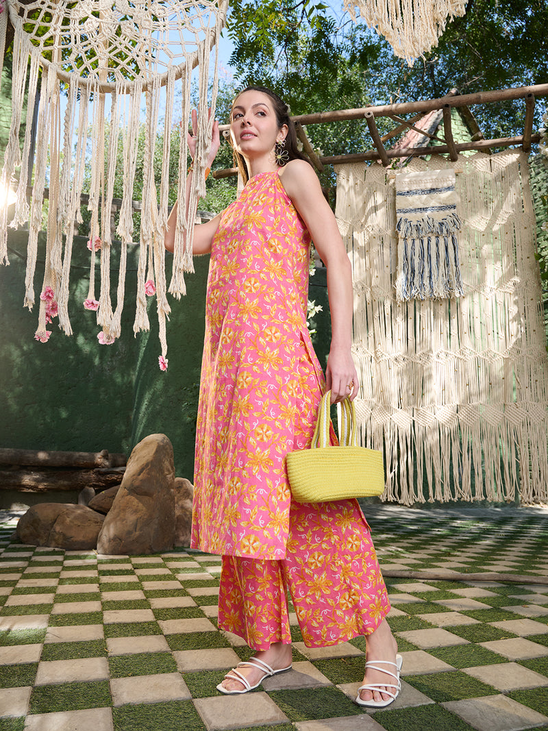 Stylum Women's Pink Floral Printed Cotton Straight Kurta Palazzo Set (KPPINKBRU)