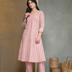 Stylum Women's Pink Striped Printed Katha Cotton A-Line Kurta Pant Set (KPPINKCAMLIN)