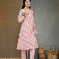 Stylum Women's Pink Striped Printed Katha Cotton A-Line Kurta Pant Set (KPPINKCAMLIN)