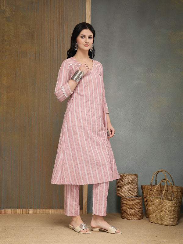 Stylum Women's Pink Striped Printed Katha Cotton A-Line Kurta Pant Set (KPPINKCAMLIN)