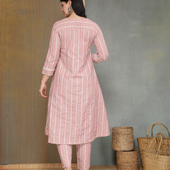 Stylum Women's Pink Striped Printed Katha Cotton A-Line Kurta Pant Set (KPPINKCAMLIN)