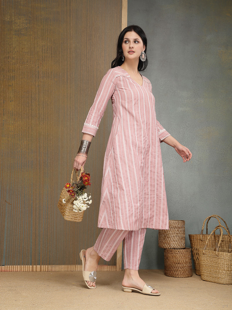 Stylum Women's Pink Striped Printed Katha Cotton A-Line Kurta Pant Set (KPPINKCAMLIN)