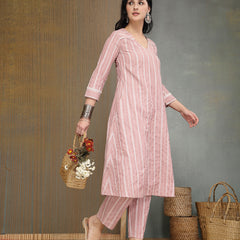 Stylum Women's Pink Striped Printed Katha Cotton A-Line Kurta Pant Set (KPPINKCAMLIN)