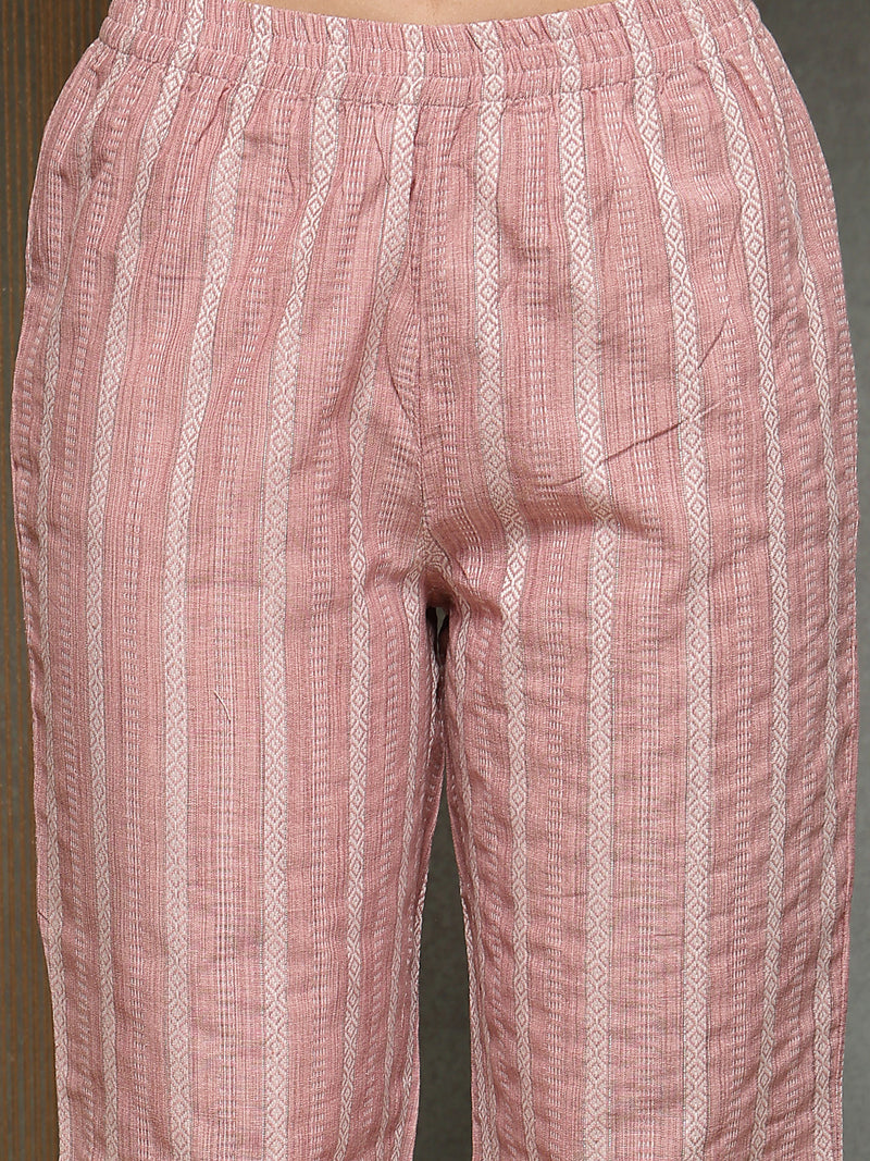 Stylum Women's Pink Striped Printed Katha Cotton A-Line Kurta Pant Set (KPPINKCAMLIN)