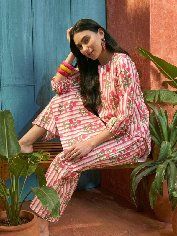Stylum Women's Pink Floral Printed Rayon Straight Kurta Palazzo Set (KPPINKJULI)