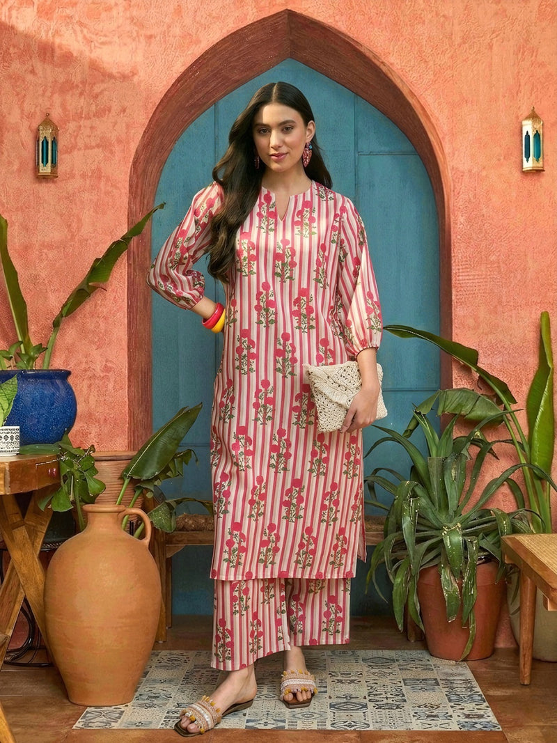 Stylum Women's Pink Floral Printed Rayon Straight Kurta Palazzo Set (KPPINKJULI)