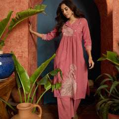 Stylum Women's Pink Solid & Embroidered Cotton Flex A-Line Kurta Pant Set (KPPINKKUJAKU)
