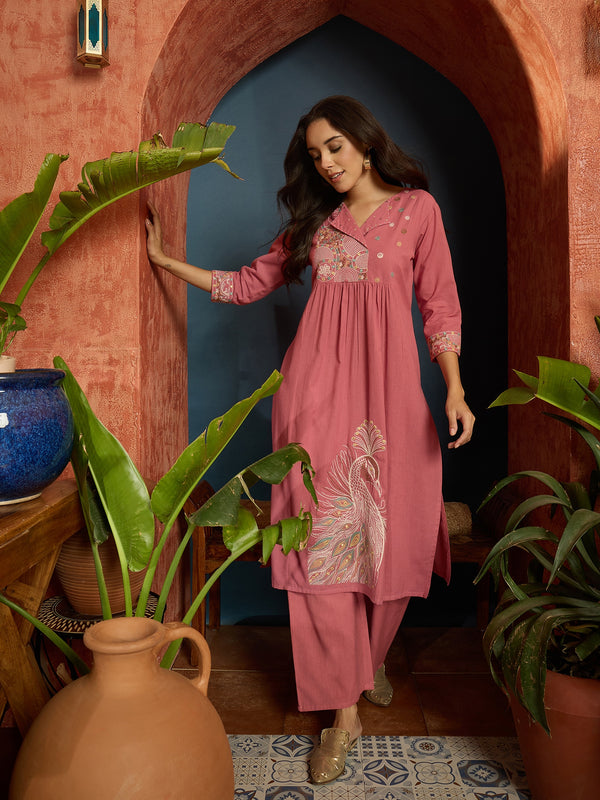 Stylum Women's Pink Solid & Embroidered Cotton Flex A-Line Kurta Pant Set (KPPINKKUJAKU)