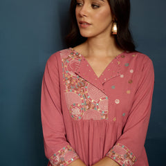 Stylum Women's Pink Solid & Embroidered Cotton Flex A-Line Kurta Pant Set (KPPINKKUJAKU)