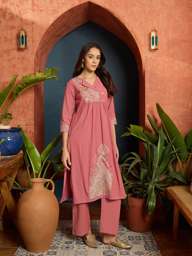 Stylum Women's Pink Solid & Embroidered Cotton Flex A-Line Kurta Pant Set (KPPINKKUJAKU)