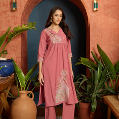 Stylum Women's Pink Solid & Embroidered Cotton Flex A-Line Kurta Pant Set (KPPINKKUJAKU)
