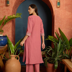 Stylum Women's Pink Solid & Embroidered Cotton Flex A-Line Kurta Pant Set (KPPINKKUJAKU)