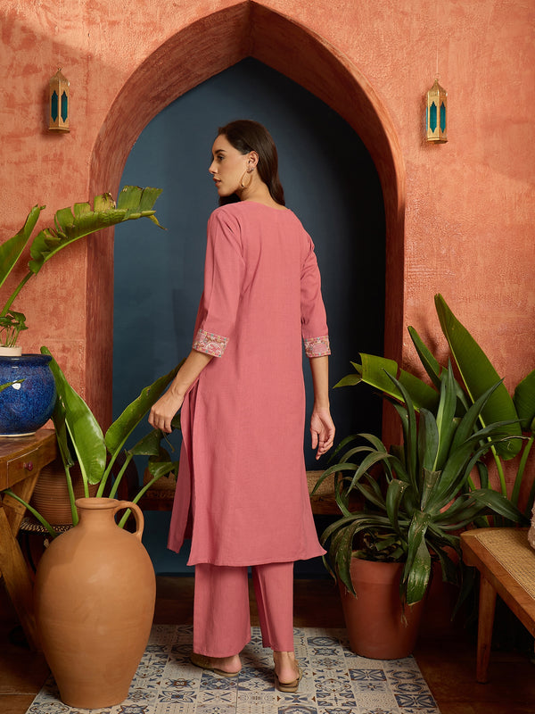 Stylum Women's Pink Solid & Embroidered Cotton Flex A-Line Kurta Pant Set (KPPINKKUJAKU)