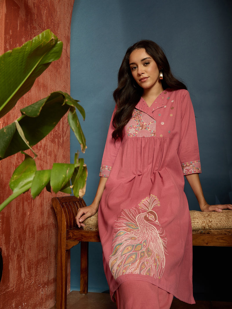 Stylum Women's Pink Solid & Embroidered Cotton Flex A-Line Kurta Pant Set (KPPINKKUJAKU)