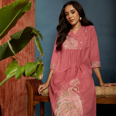 Stylum Women's Pink Solid & Embroidered Cotton Flex A-Line Kurta Pant Set (KPPINKKUJAKU)
