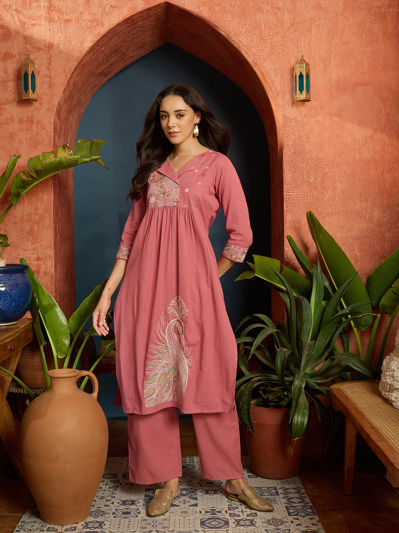 Stylum Women's Pink Solid & Embroidered Cotton Flex A-Line Kurta Pant Set (KPPINKKUJAKU)