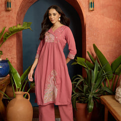 Stylum Women's Pink Solid & Embroidered Cotton Flex A-Line Kurta Pant Set (KPPINKKUJAKU)