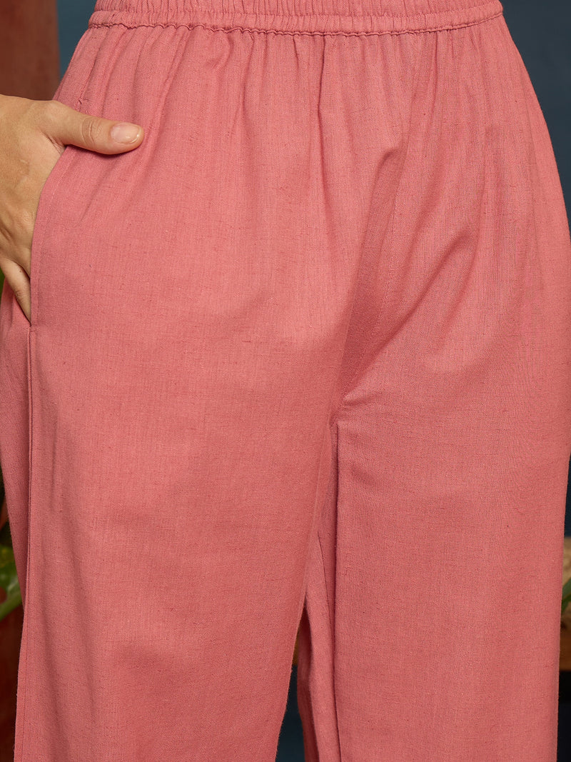 Stylum Women's Pink Solid & Embroidered Cotton Flex A-Line Kurta Pant Set (KPPINKKUJAKU)