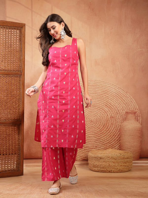 Stylum Women's Pink Woven Design Cotton Straight Kurta Palazzo Set (KPPINKMATRU)