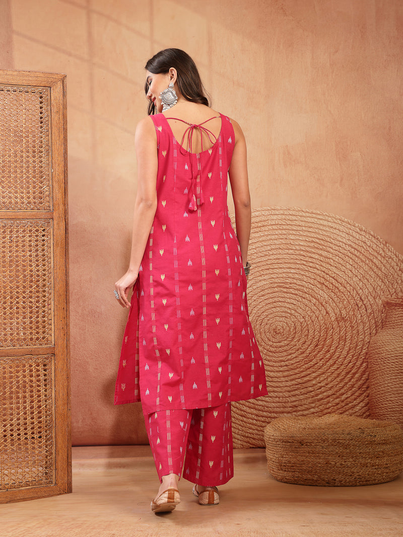Stylum Women's Pink Woven Design Cotton Straight Kurta Palazzo Set (KPPINKMATRU)