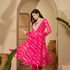Stylum Women's Pink Leheriya Printed & Embroidered Georgette A-Line Kurta Pant Set (KPPINKMOHALI)