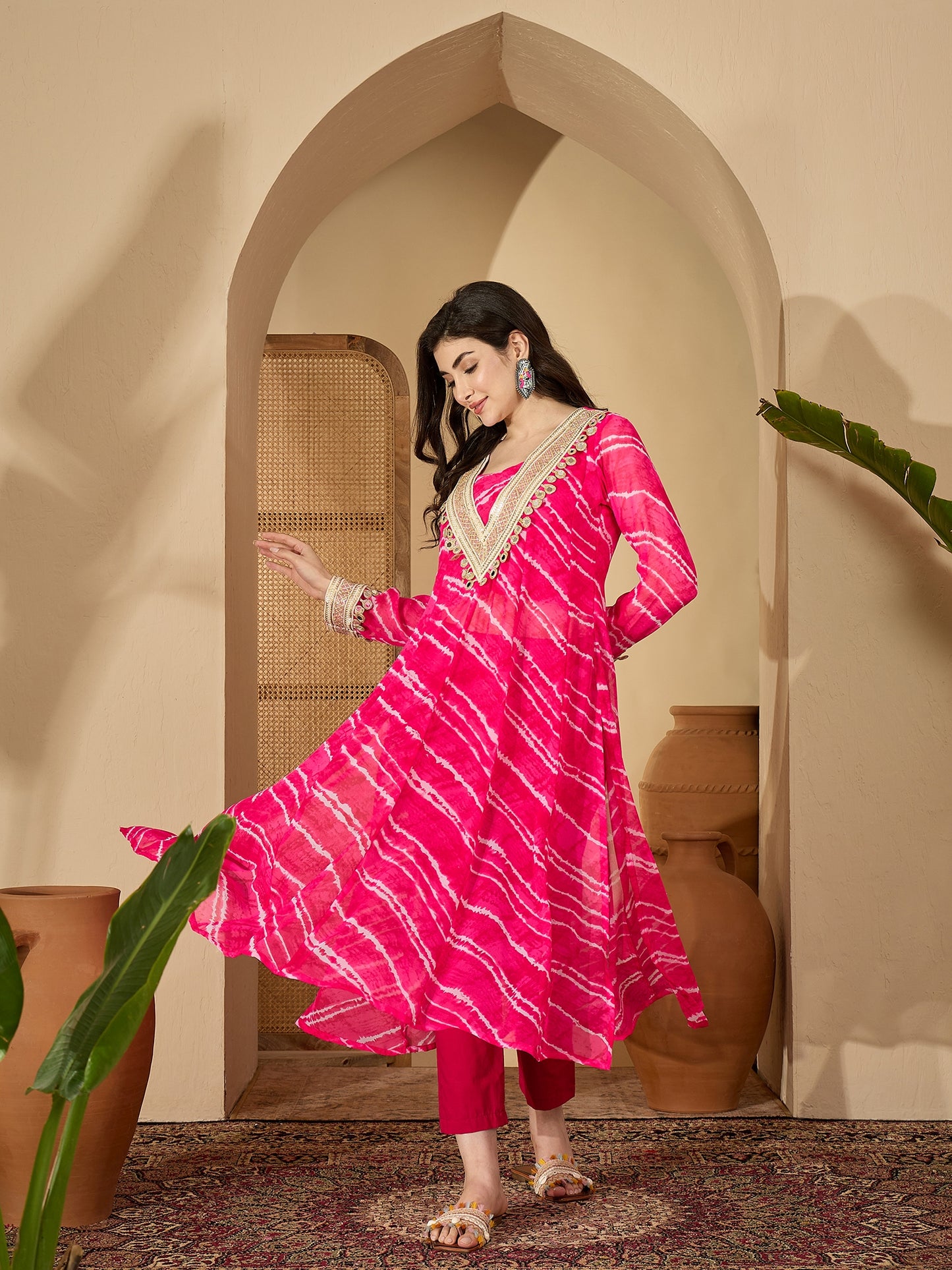 Stylum Women's Pink Leheriya Printed & Embroidered Georgette A-Line Kurta Pant Set (KPPINKMOHALI)