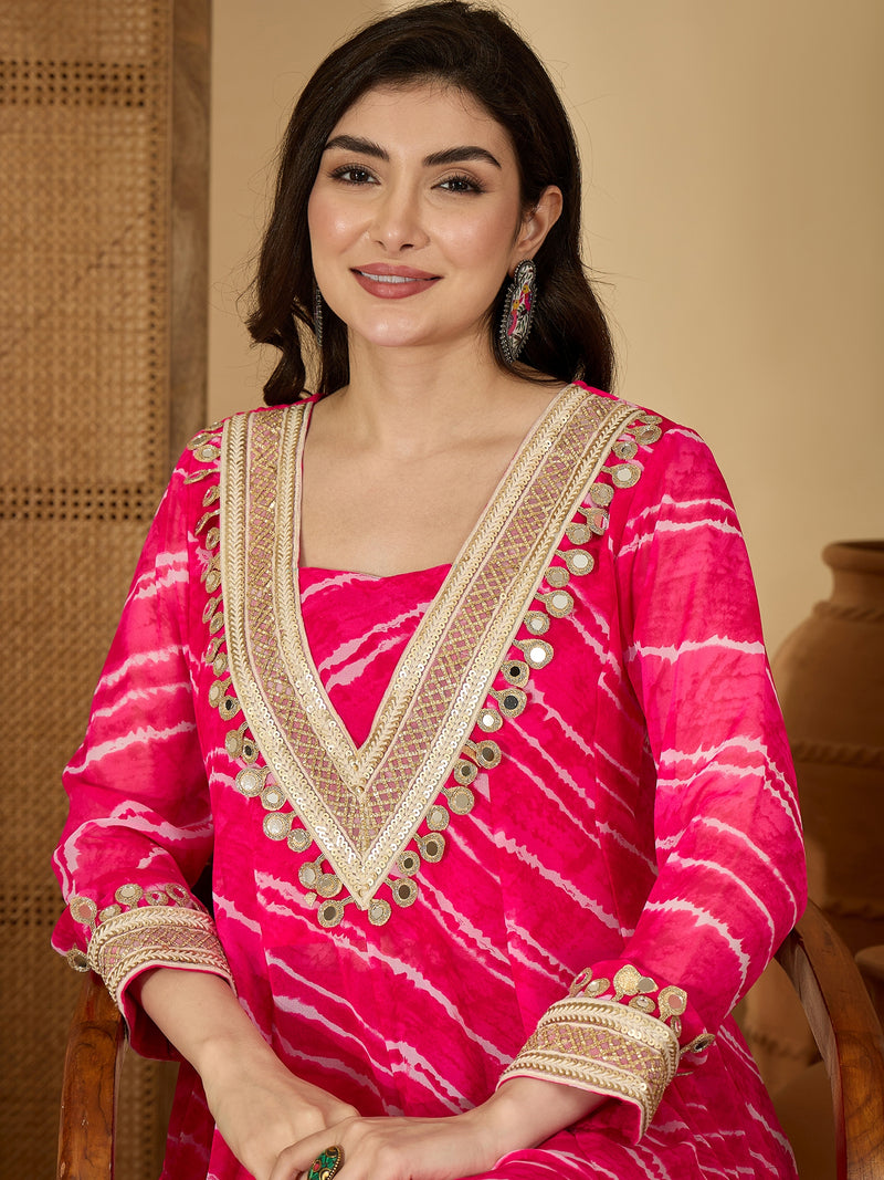 Stylum Women's Pink Leheriya Printed & Embroidered Georgette A-Line Kurta Pant Set (KPPINKMOHALI)
