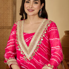 Stylum Women's Pink Leheriya Printed & Embroidered Georgette A-Line Kurta Pant Set (KPPINKMOHALI)