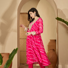 Stylum Women's Pink Leheriya Printed & Embroidered Georgette A-Line Kurta Pant Set (KPPINKMOHALI)
